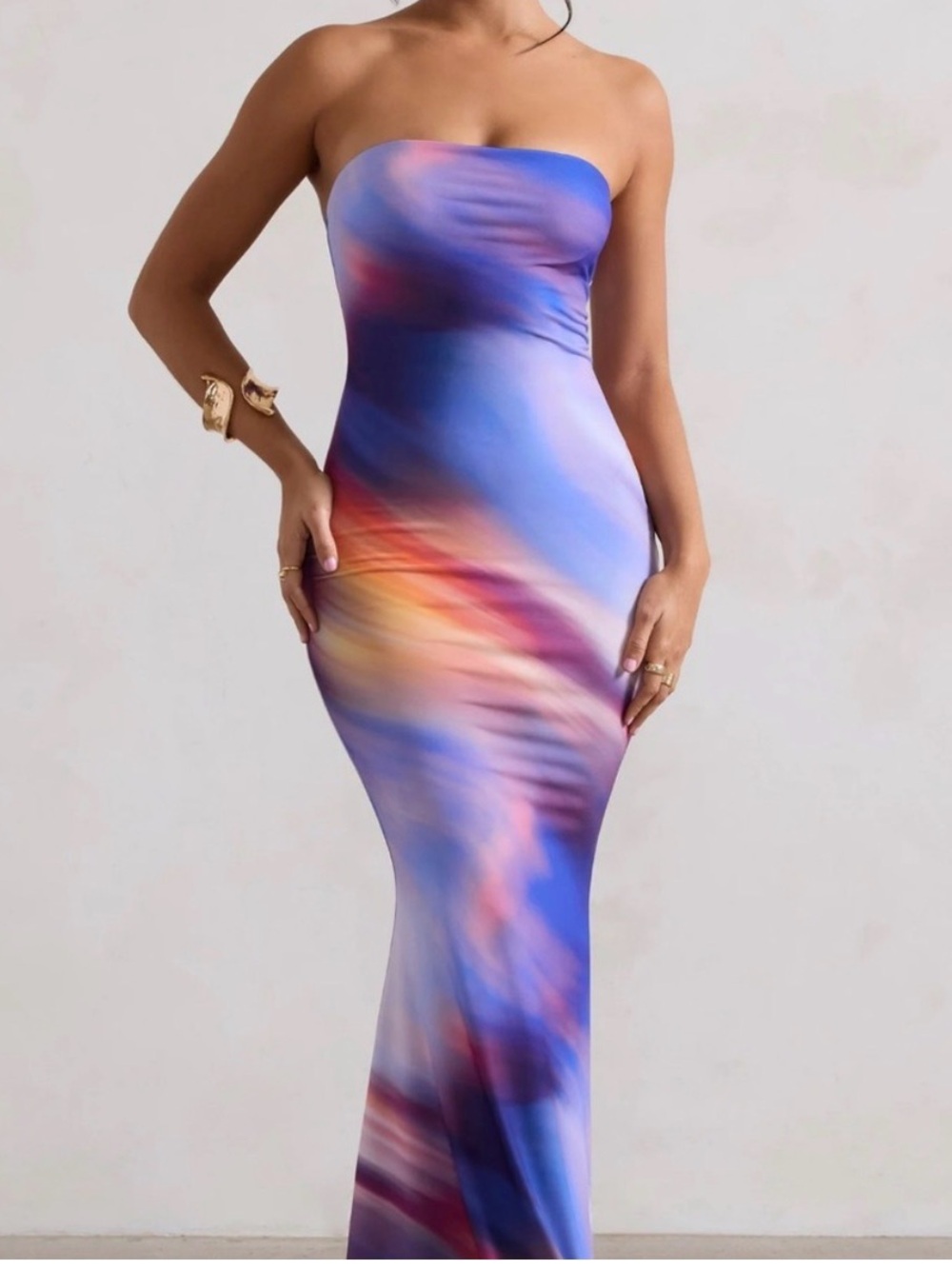 Club L London Strapless Maxi Dress in Multicolor Sunset Print